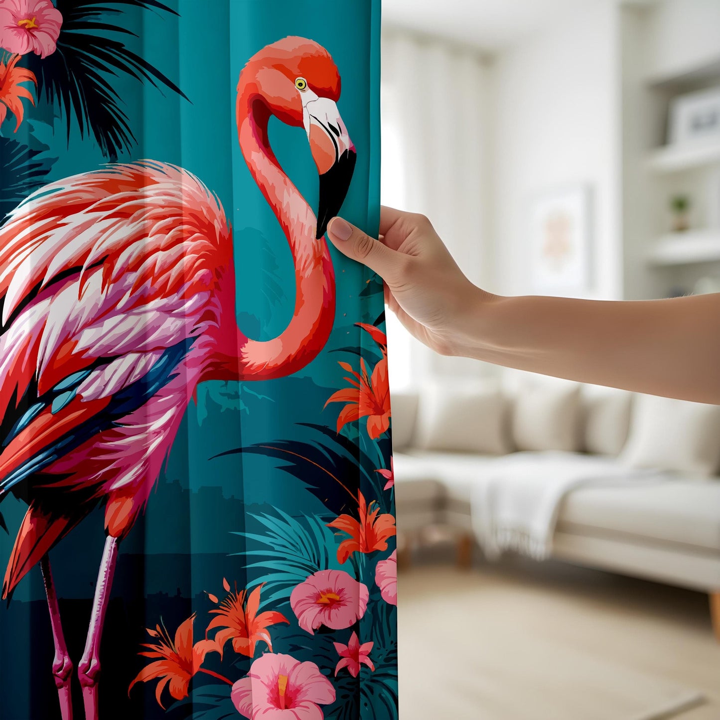 Onay Flamingo Paradise Curtains – Bold Pink Hibiscus & Tropical Floral Drapes for Coastal Décor