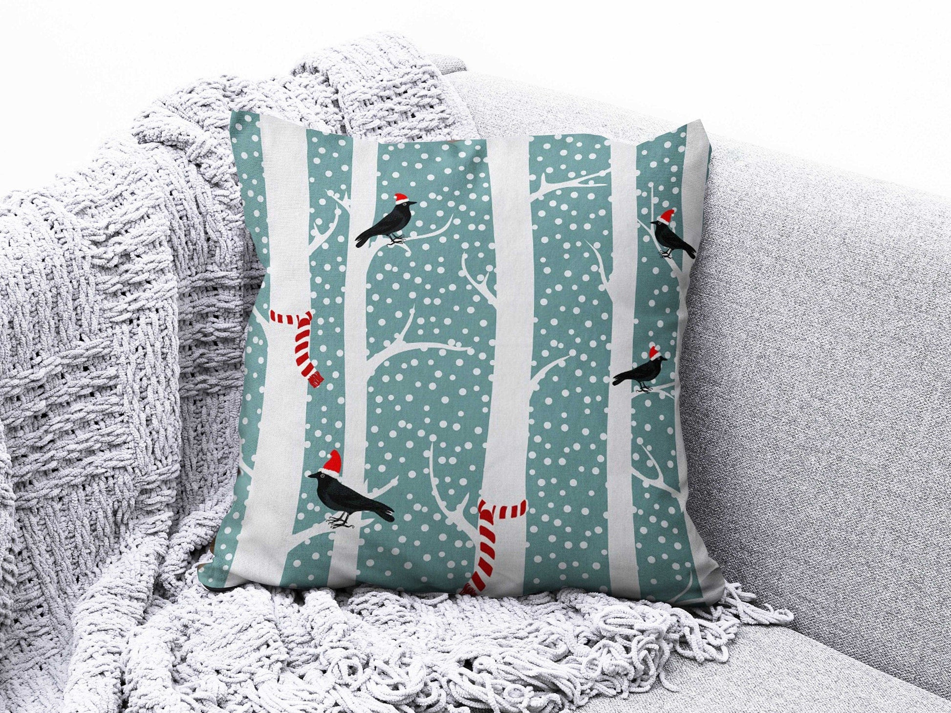 Onay 4 / 12 x 12 inch (30 x 30 cm) Floral Bird and Tree Branches Blue Beige Cushion Cover