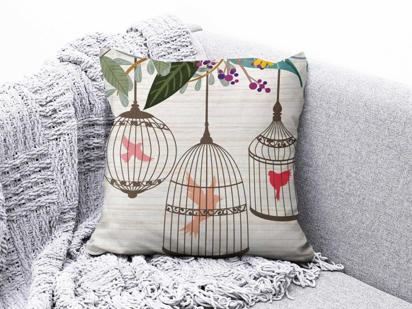 Onay 3 / 12 x 12 inch (30 x 30 cm) Floral Bird and Tree Branches Blue Beige Cushion Cover