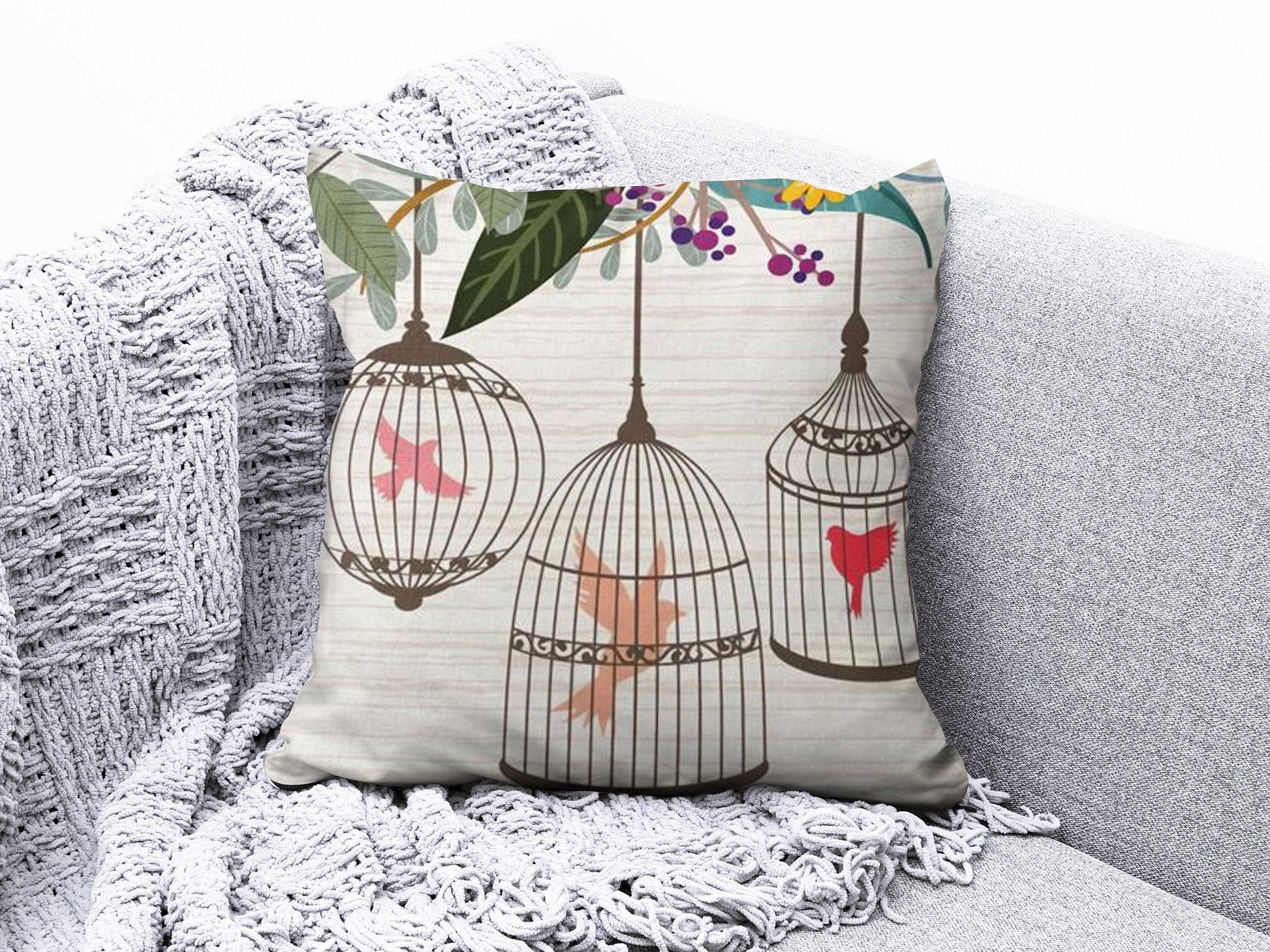 Onay 3 / 12 x 12 inch (30 x 30 cm) Floral Bird and Tree Branches Blue Beige Cushion Cover