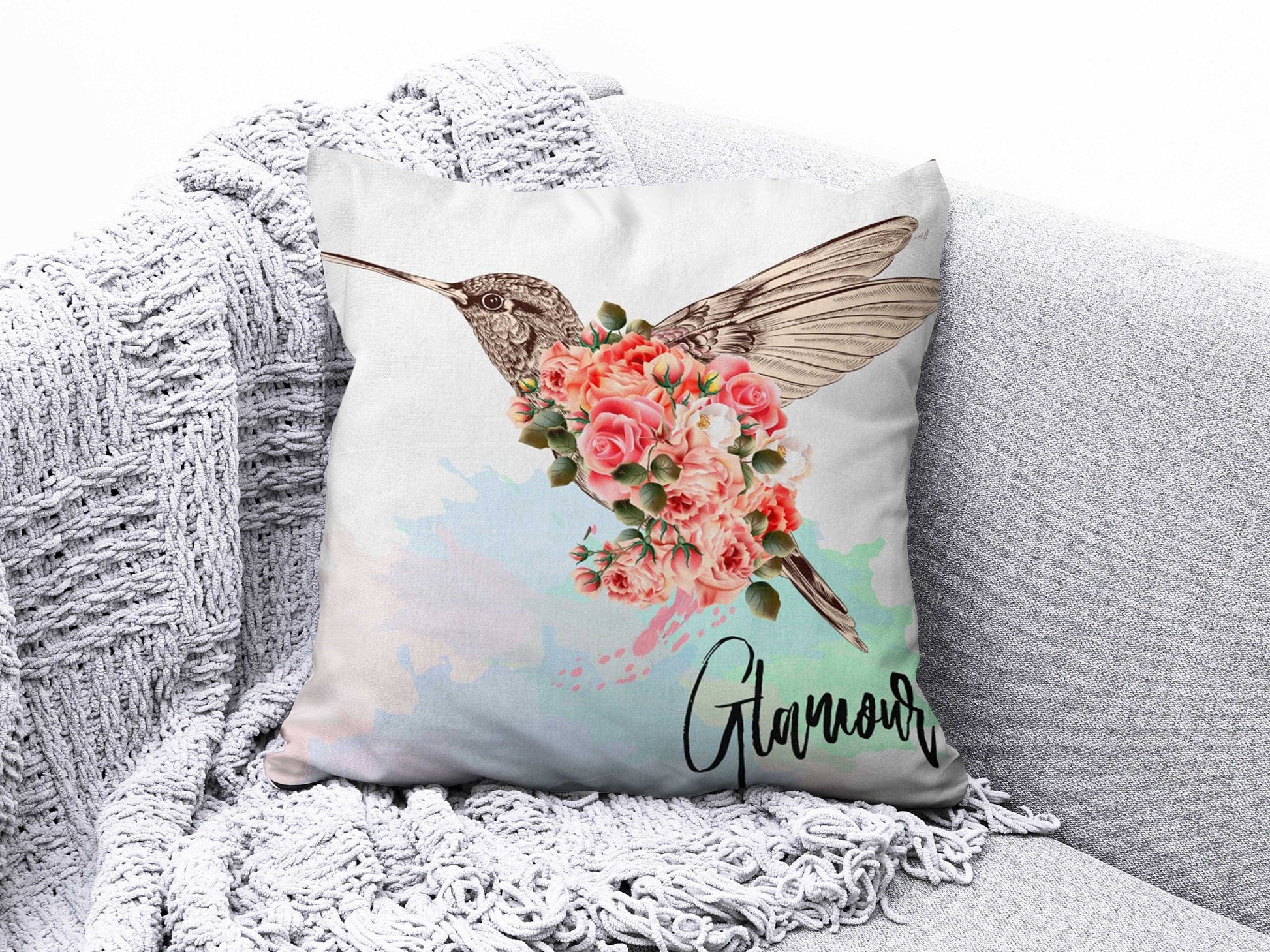 Onay 2 / 12 x 12 inch (30 x 30 cm) Floral Bird and Tree Branches Blue Beige Cushion Cover