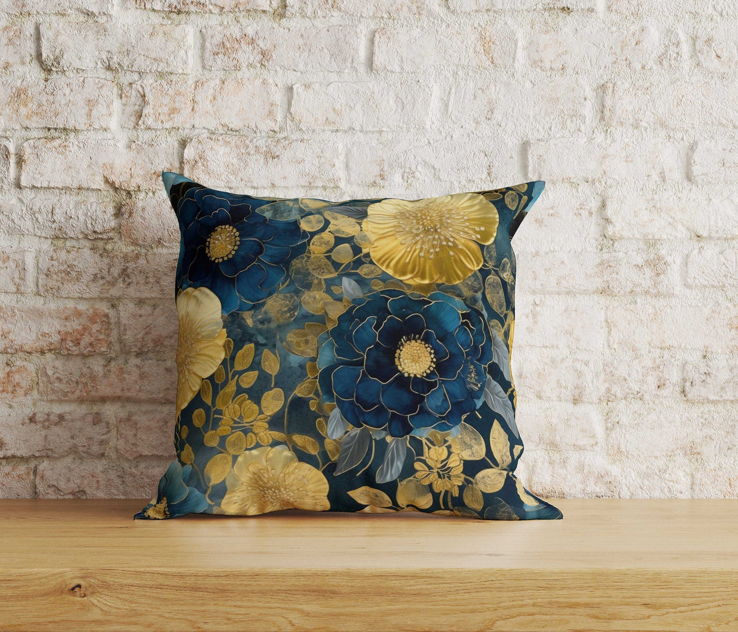 Onay Home Textile Cushion Covers 4 / 12 x 12 inch (30 x 30 cm) Double Side Floral Blue & Gold Leaves Cushion Cover Leaves Pillow Cover