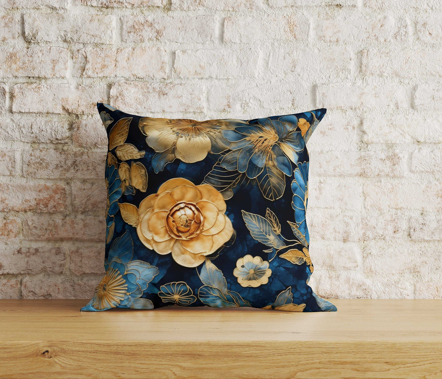 Onay Home Textile Cushion Covers 3 / 12 x 12 inch (30 x 30 cm) Double Side Floral Blue & Gold Leaves Cushion Cover Leaves Pillow Cover