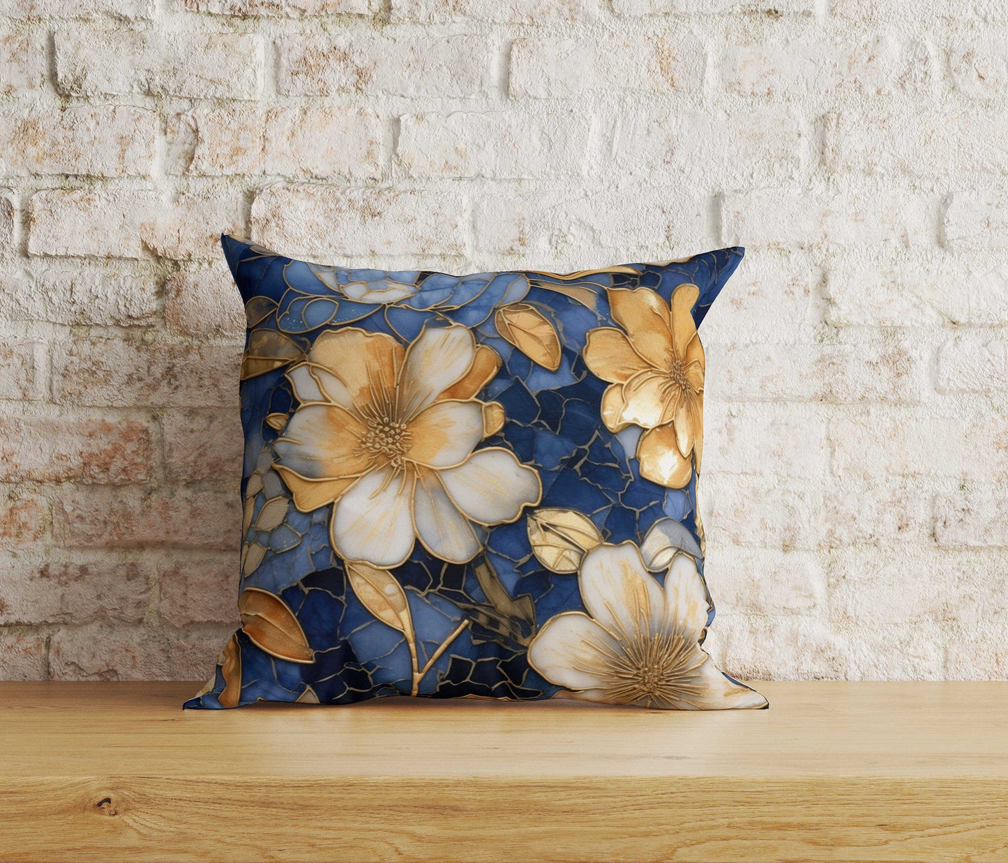 Onay Home Textile Cushion Covers 2 / 12 x 12 inch (30 x 30 cm) Double Side Floral Blue & Gold Leaves Cushion Cover Leaves Pillow Cover