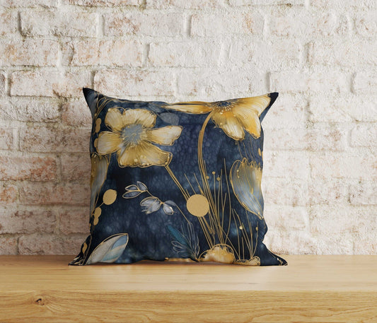 Onay Home Textile Cushion Covers 1 / 12 x 12 inch (30 x 30 cm) Double Side Floral Blue & Gold Leaves Cushion Cover Leaves Pillow Cover