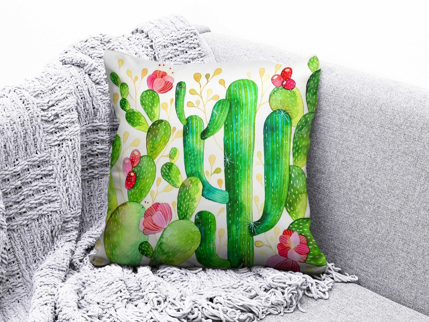 Onay 6 / 12 x 12 inch (30 x 30 cm) Double Side Floral Cactus Cushion Cover Green Cushion Case Botanical Pillow Cover