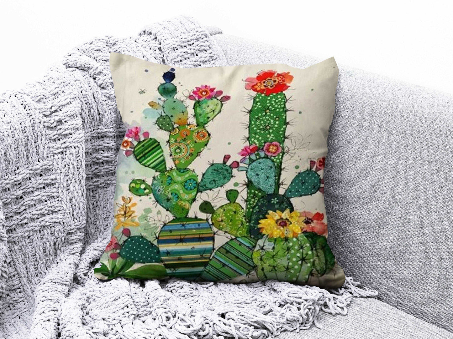 Onay 4 / 12 x 12 inch (30 x 30 cm) Double Side Floral Cactus Cushion Cover Green Cushion Case Botanical Pillow Cover