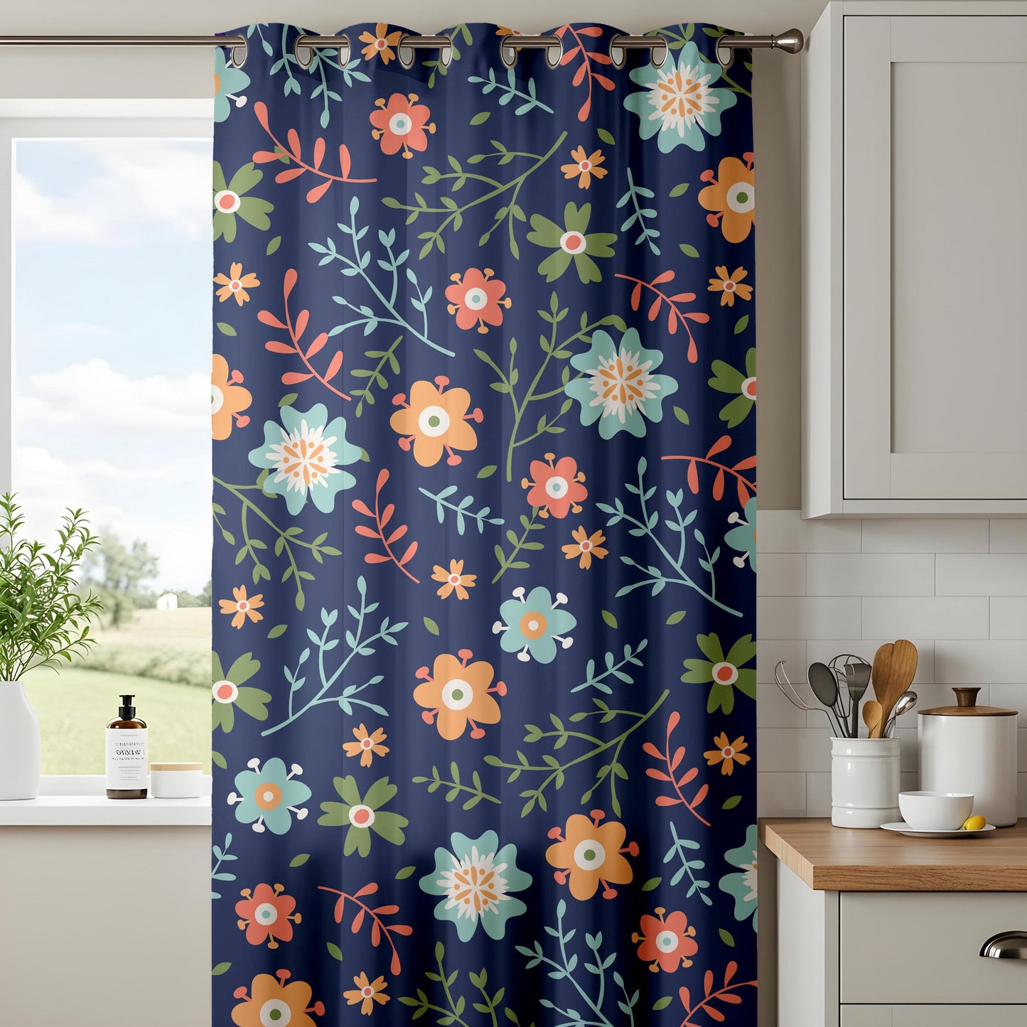 Onay Floral Pattern Curtains – Nature-Inspired Drapes with Elegant Flower Design on Dark Background