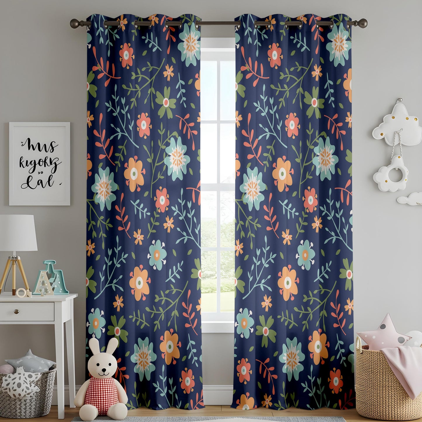 Onay Floral Pattern Curtains – Nature-Inspired Drapes with Elegant Flower Design on Dark Background
