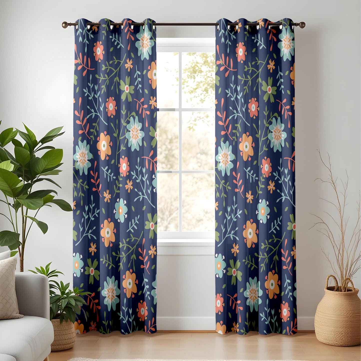 Onay Floral Pattern Curtains – Nature-Inspired Drapes with Elegant Flower Design on Dark Background