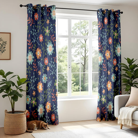 Onay Floral Pattern Curtains – Nature-Inspired Drapes with Elegant Flower Design on Dark Background