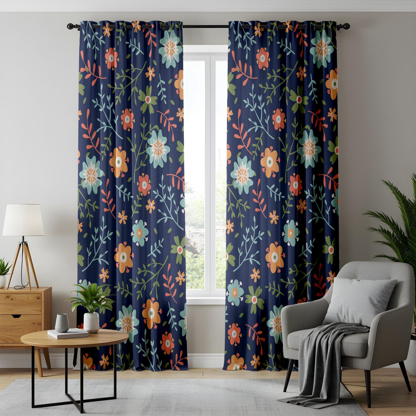 Onay Floral Pattern Curtains – Nature-Inspired Drapes with Elegant Flower Design on Dark Background
