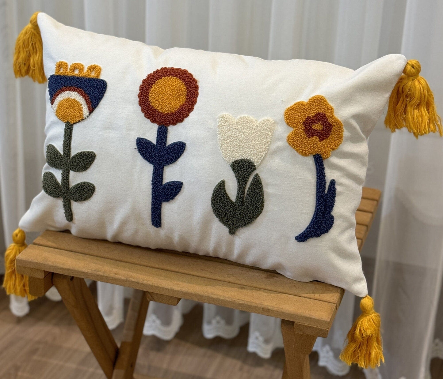 Onay Home Textile Punch Needle Cushion Cover Floral Punch Needle Pillow Cover Spring Embroidered Cushion