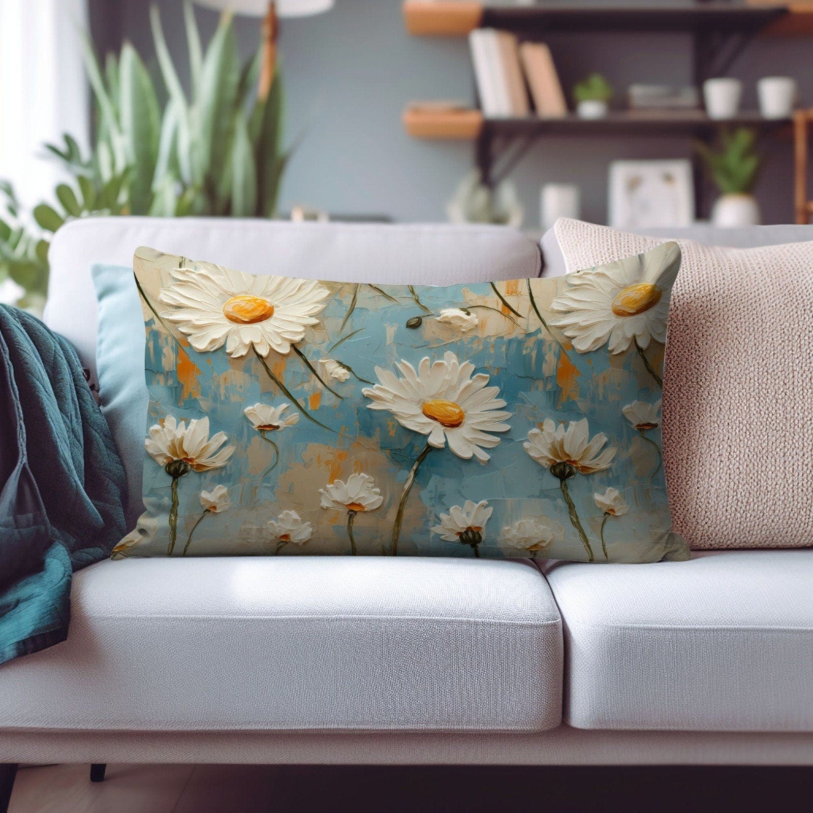 Onay Cushion Covers 3 / 12 x 16 inches (30 x 40 cm) Floral Rectangular Pillow Covers Daisy Pillow Covers Retro Euro Sham