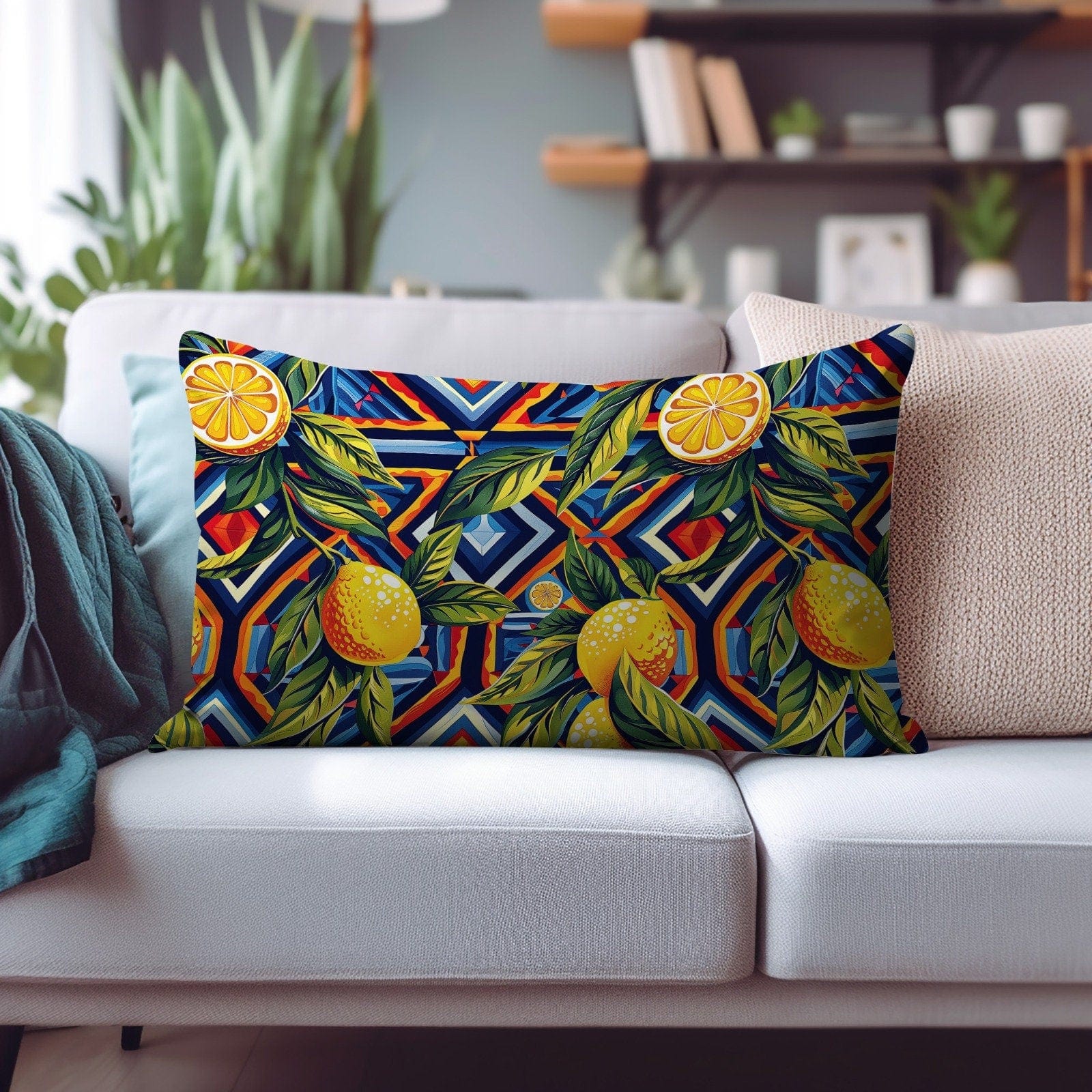 Onay Cushion Covers 4 / 12 x 16 inches (30 x 40 cm) Floral Yellow Rectangular Pillow Lemon Striped Citrus Cushion Covers