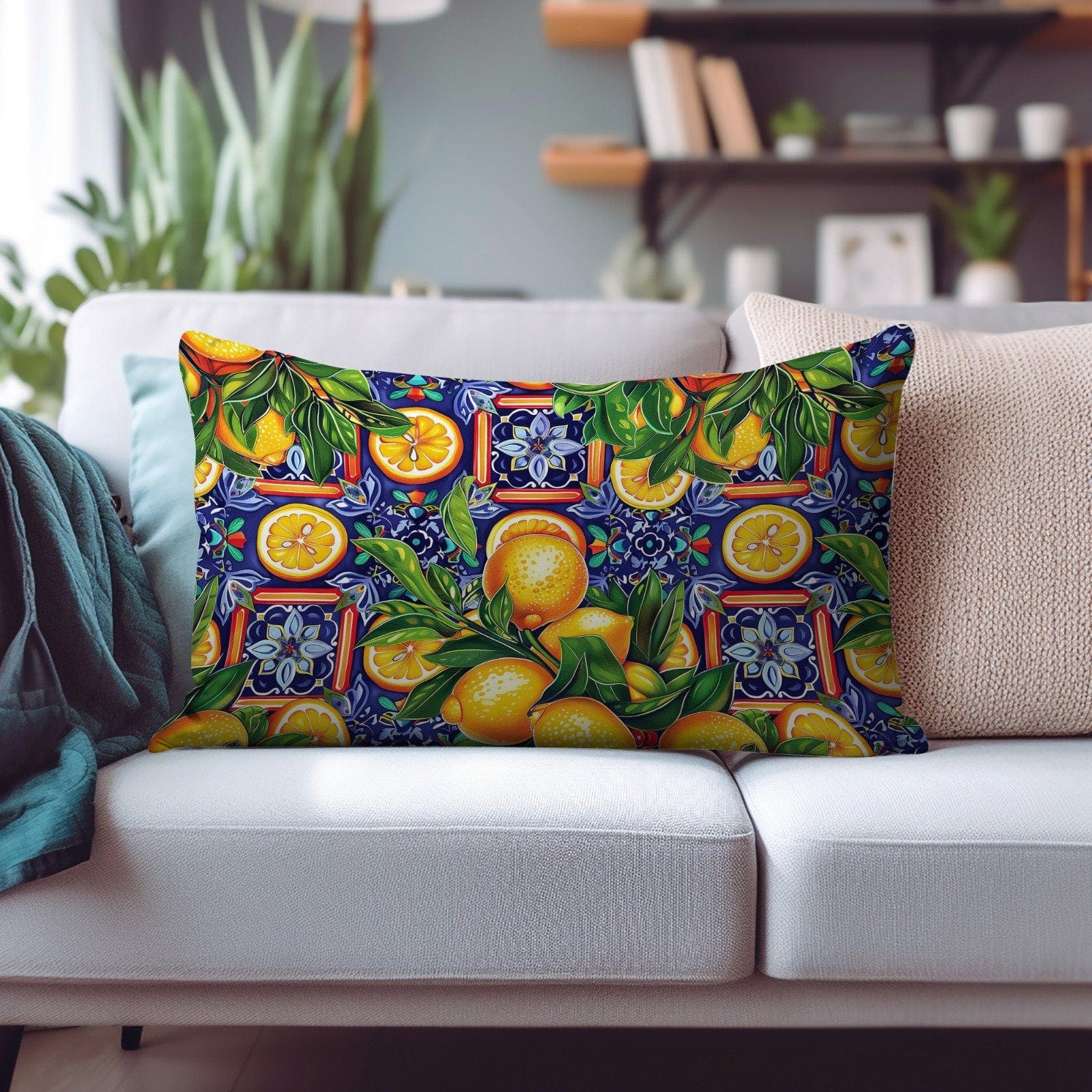 Onay Cushion Covers 3 / 12 x 16 inches (30 x 40 cm) Floral Yellow Rectangular Pillow Lemon Striped Citrus Cushion Covers