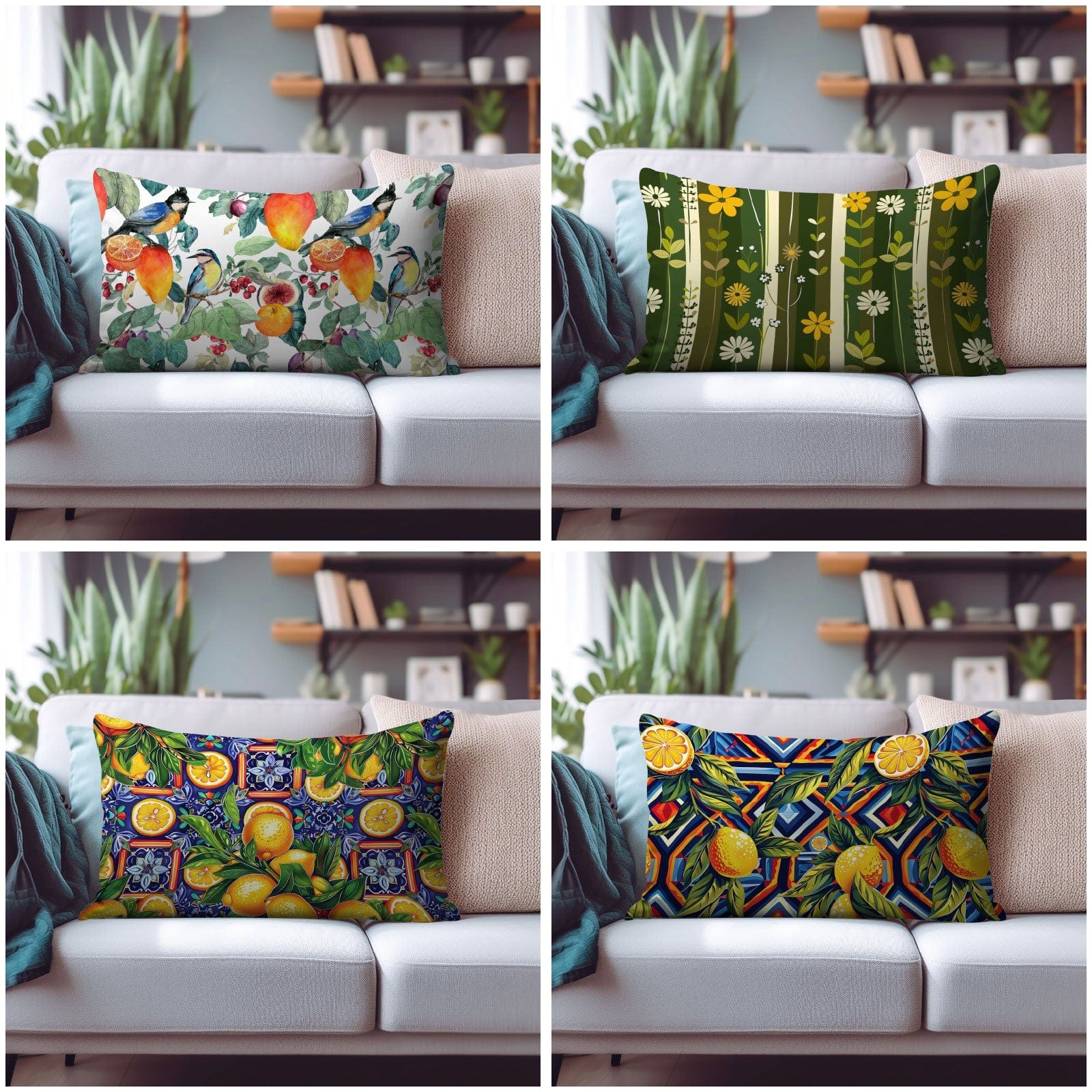 Onay Cushion Covers Floral Yellow Rectangular Pillow Lemon Striped Citrus Cushion Covers