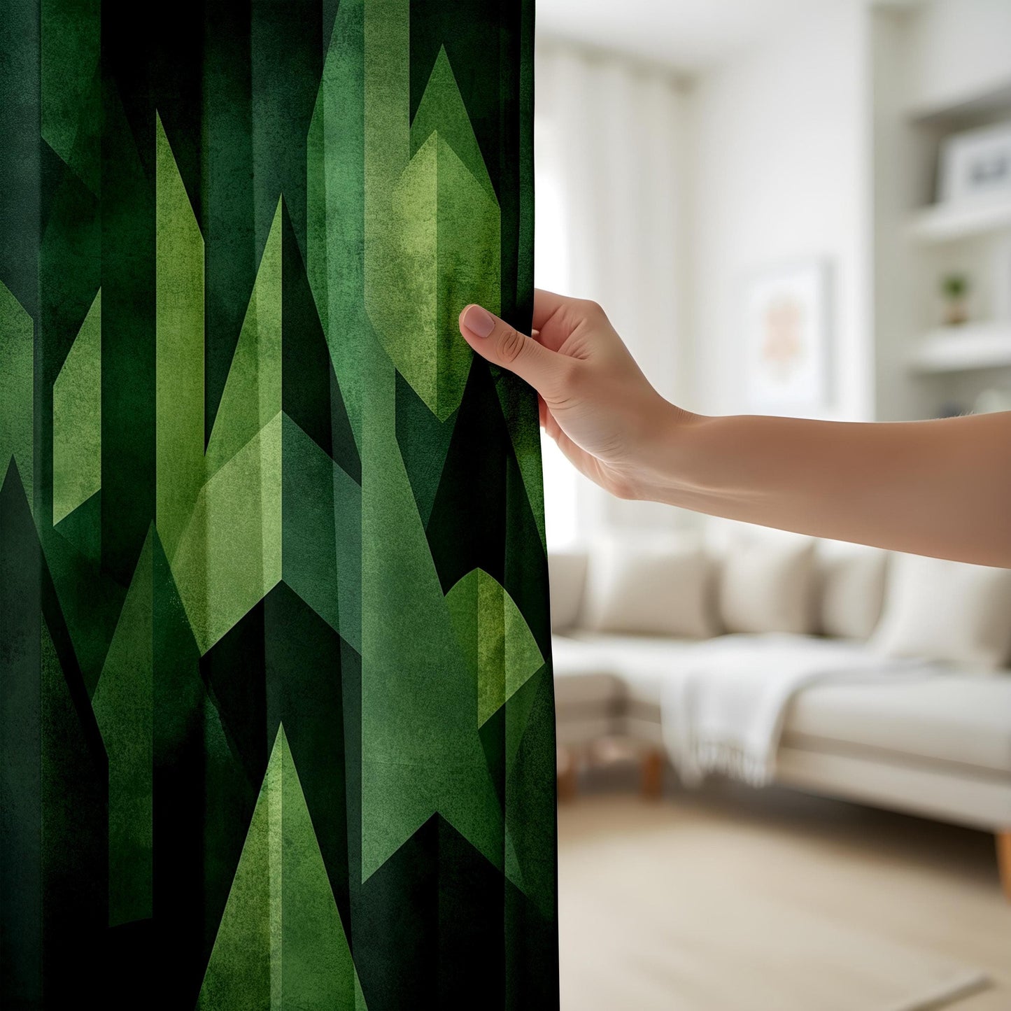 Onay Forest Green Geometric Curtains – Bold Abstract Design for Modern Living