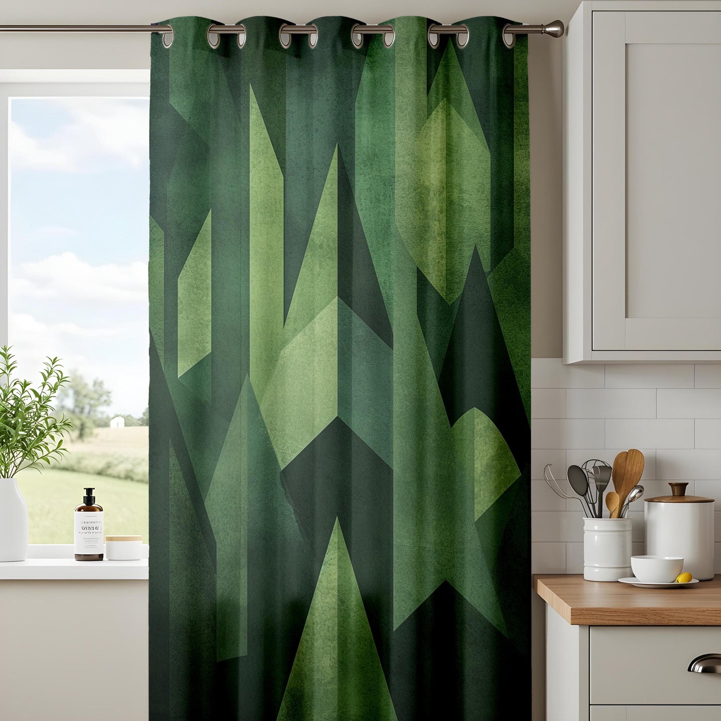 Onay Forest Green Geometric Curtains – Bold Abstract Design for Modern Living