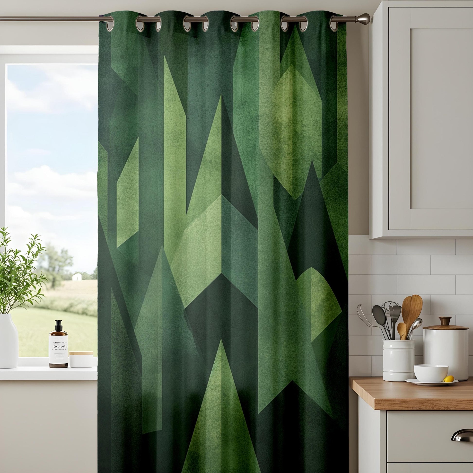 Onay Forest Green Geometric Curtains – Bold Abstract Design for Modern Living