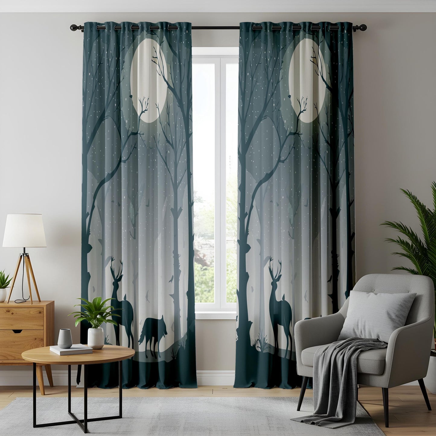Onay Forest Moonlight Living Room Curtains, Enchanted Woodland Drapes
