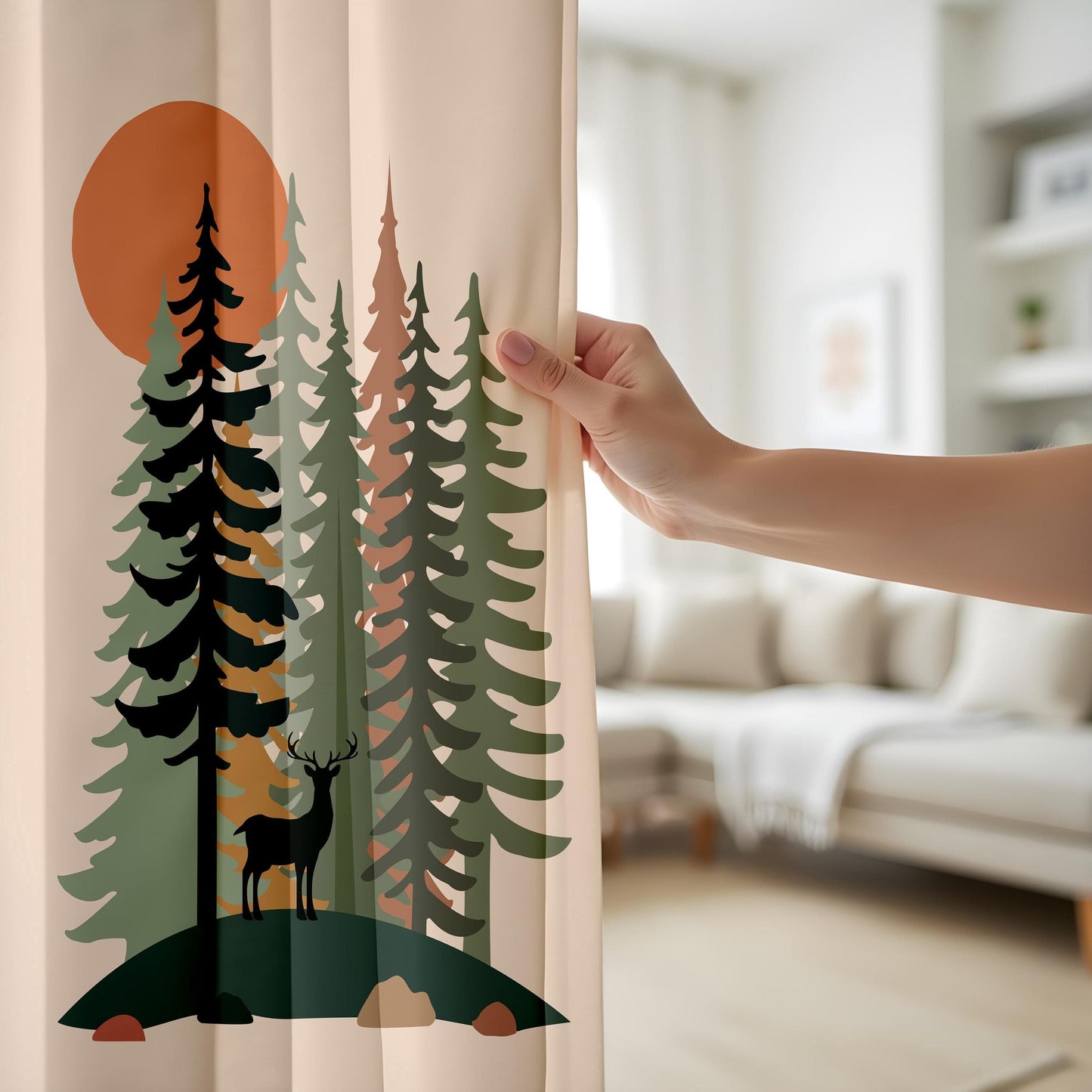 Onay Forest Sunset Curtains Rustic Deer and Pine Tree Drapes for Nature-Inspired Woodland Interiors