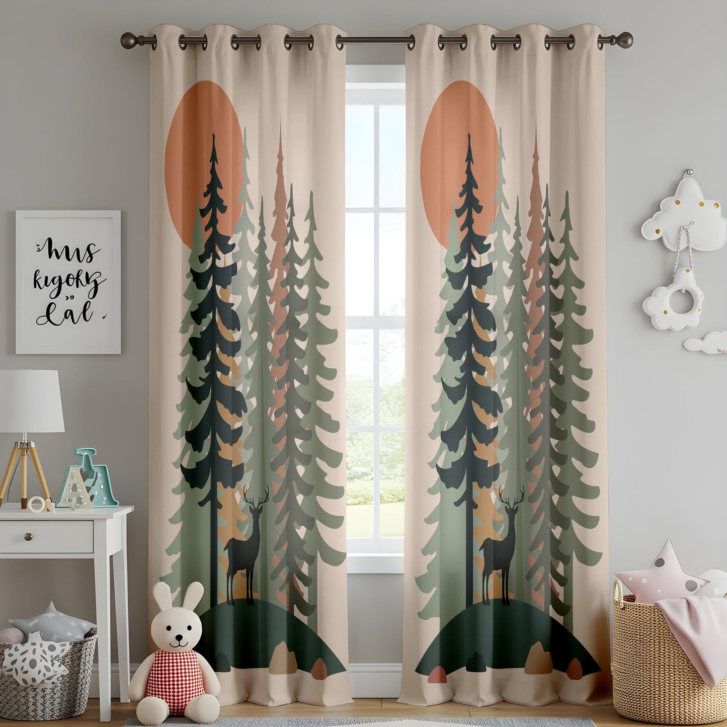 Onay Forest Sunset Curtains Rustic Deer and Pine Tree Drapes for Nature-Inspired Woodland Interiors