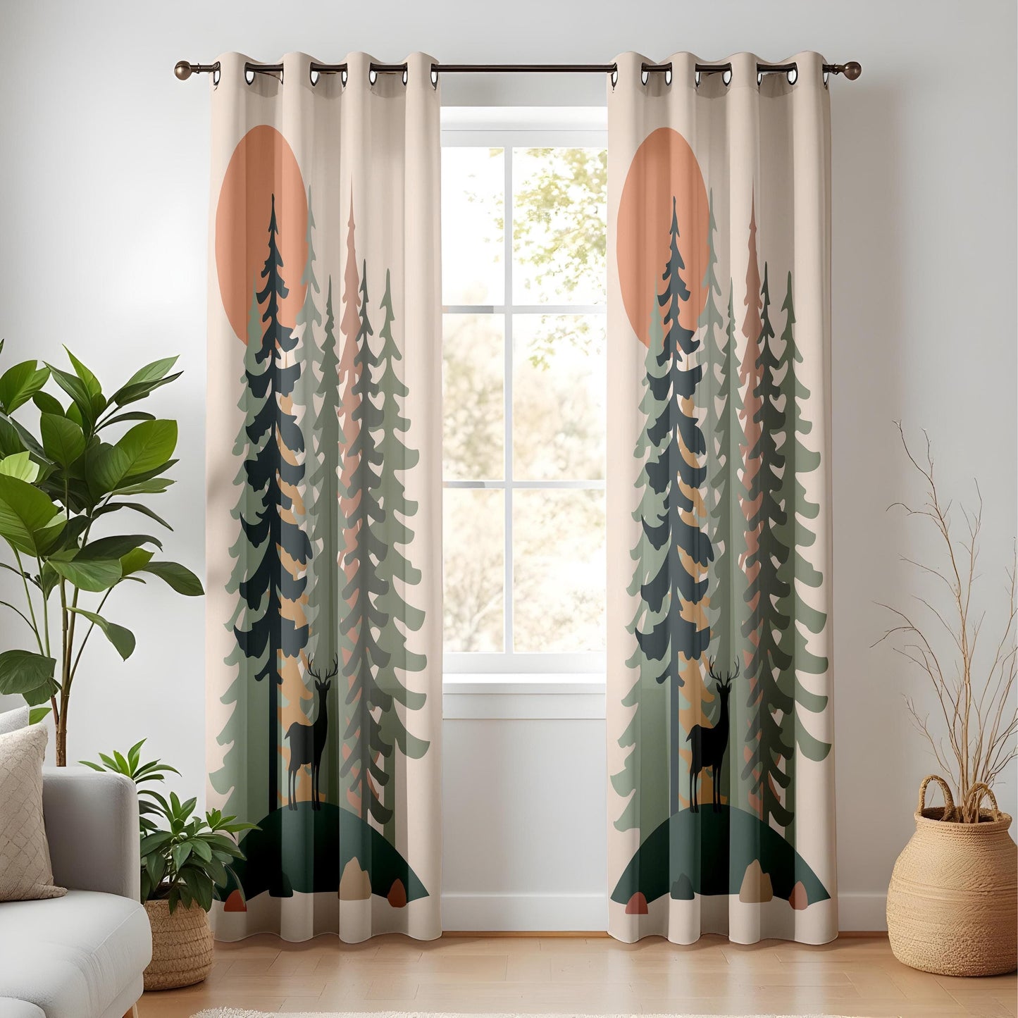 Onay Forest Sunset Curtains Rustic Deer and Pine Tree Drapes for Nature-Inspired Woodland Interiors