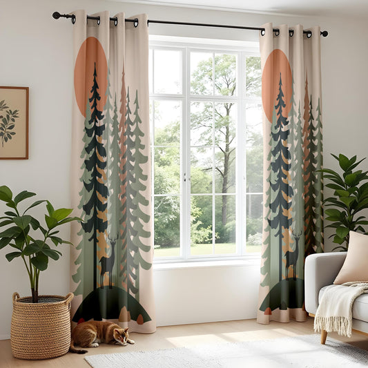 Onay Forest Sunset Curtains Rustic Deer and Pine Tree Drapes for Nature-Inspired Woodland Interiors