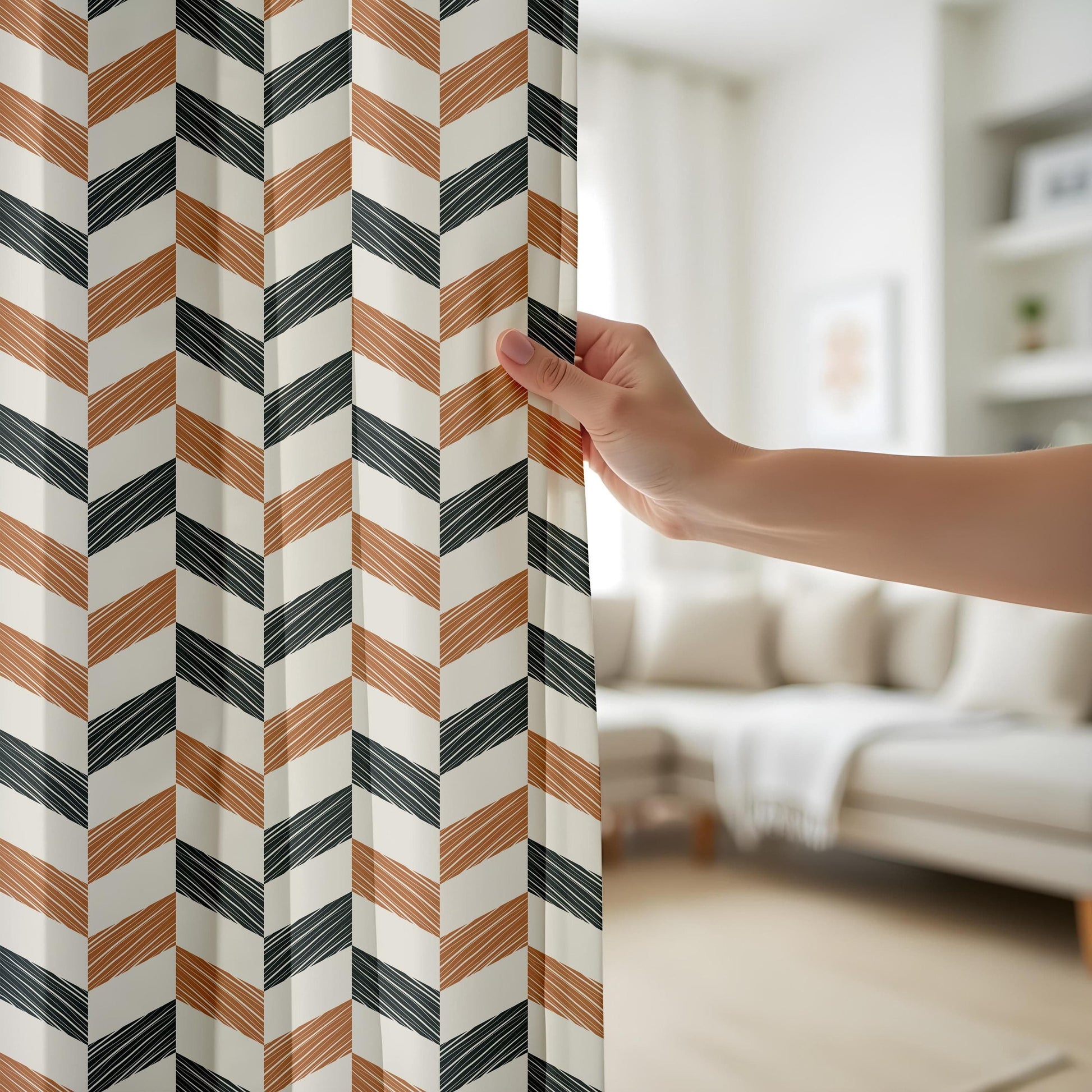 Onay Geometric Chevron Curtains Brown & Teal Drapes for Bold Contemporary Interiors