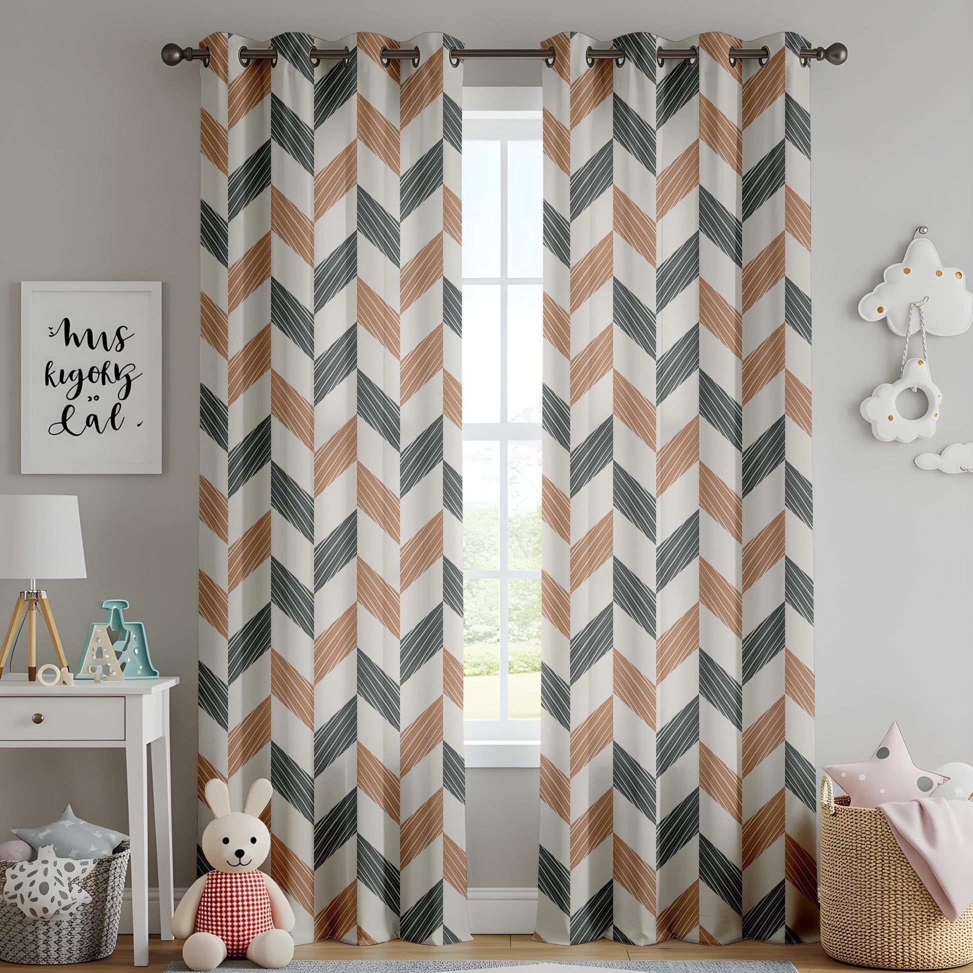 Onay Geometric Chevron Curtains Brown & Teal Drapes for Bold Contemporary Interiors