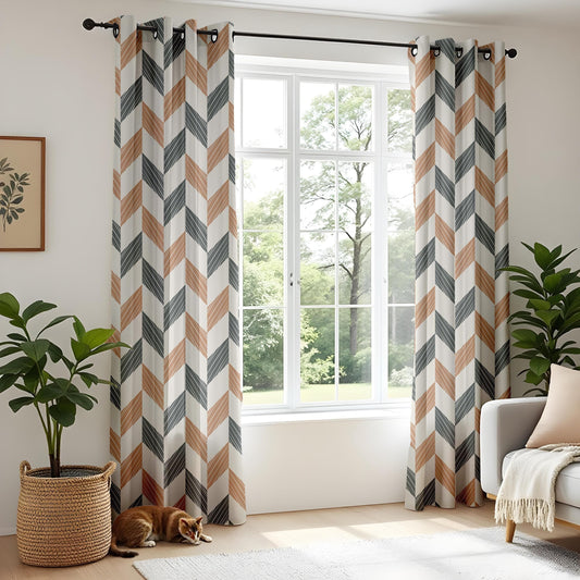 Onay Geometric Chevron Curtains Brown & Teal Drapes for Bold Contemporary Interiors