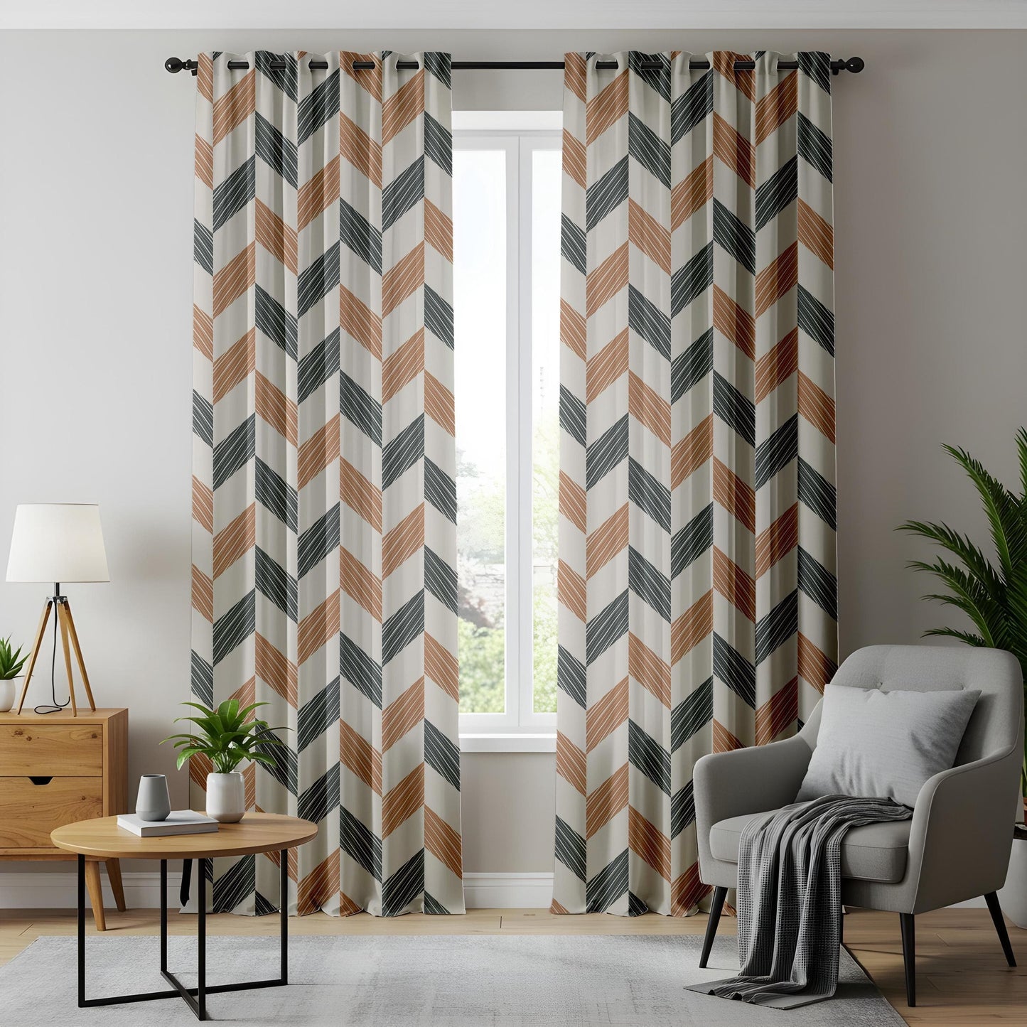 Onay Geometric Chevron Curtains Brown & Teal Drapes for Bold Contemporary Interiors