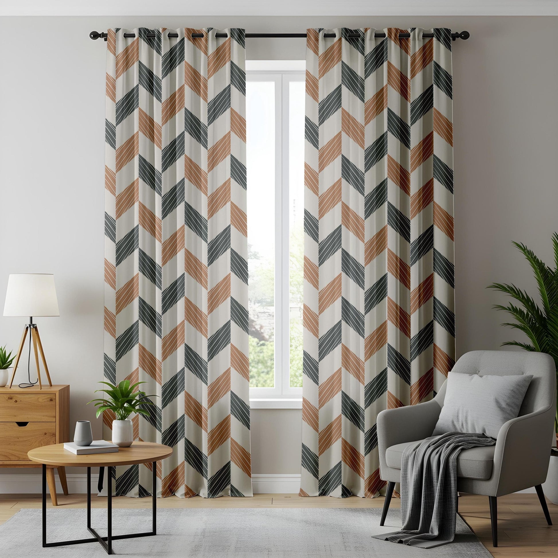 Onay Geometric Chevron Curtains Brown & Teal Drapes for Bold Contemporary Interiors