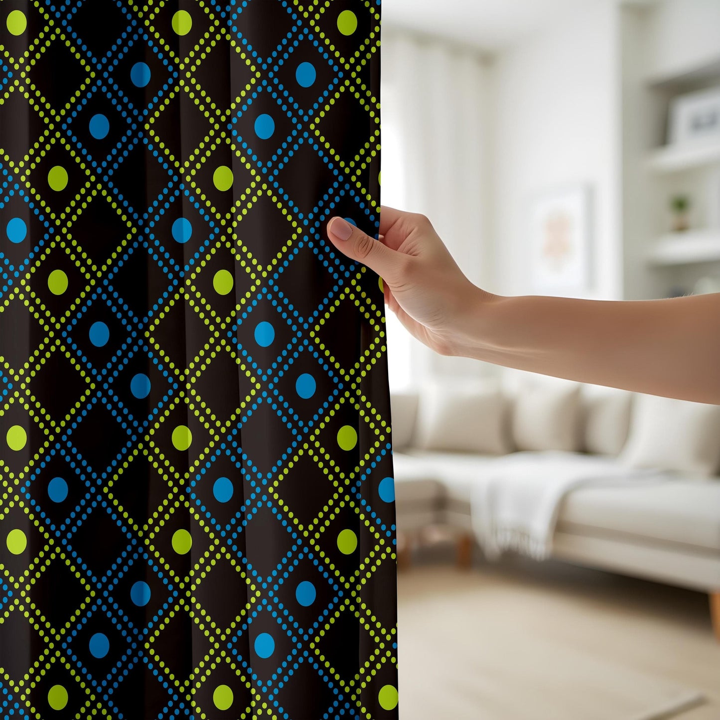 Onay Geometric Diamond Pattern Curtains, Modern Black & Neon Drapes