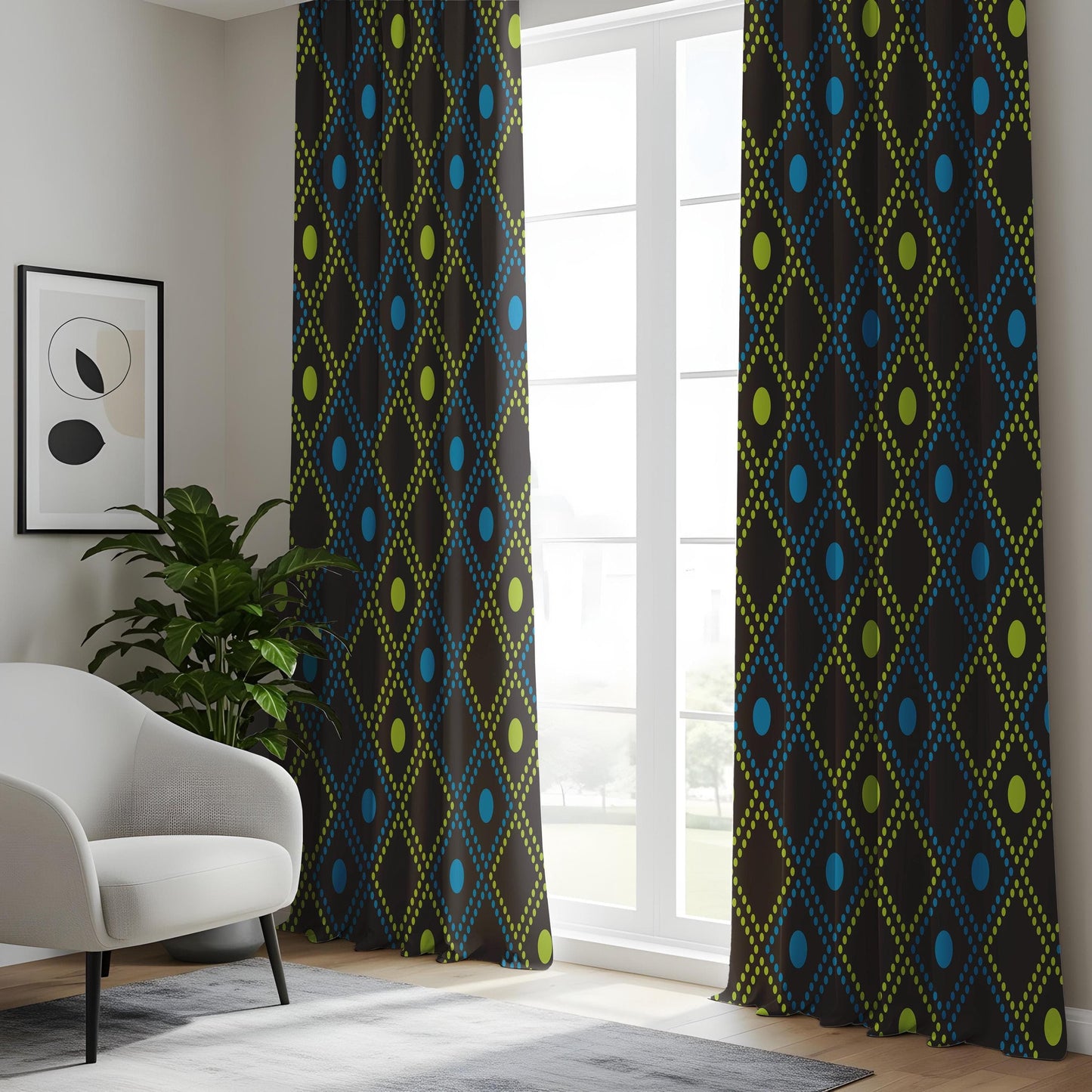 Onay Geometric Diamond Pattern Curtains, Modern Black & Neon Drapes