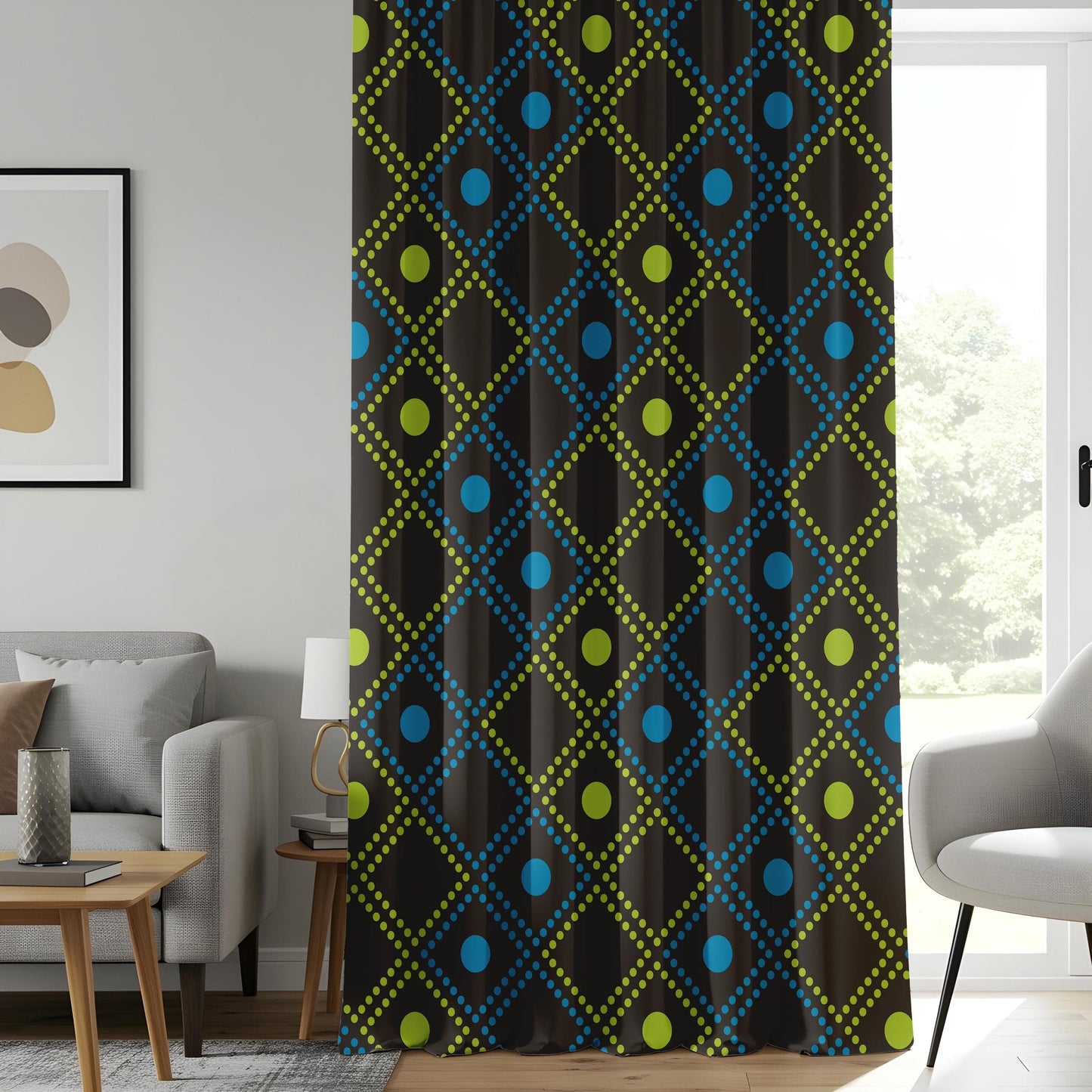 Onay Geometric Diamond Pattern Curtains, Modern Black & Neon Drapes