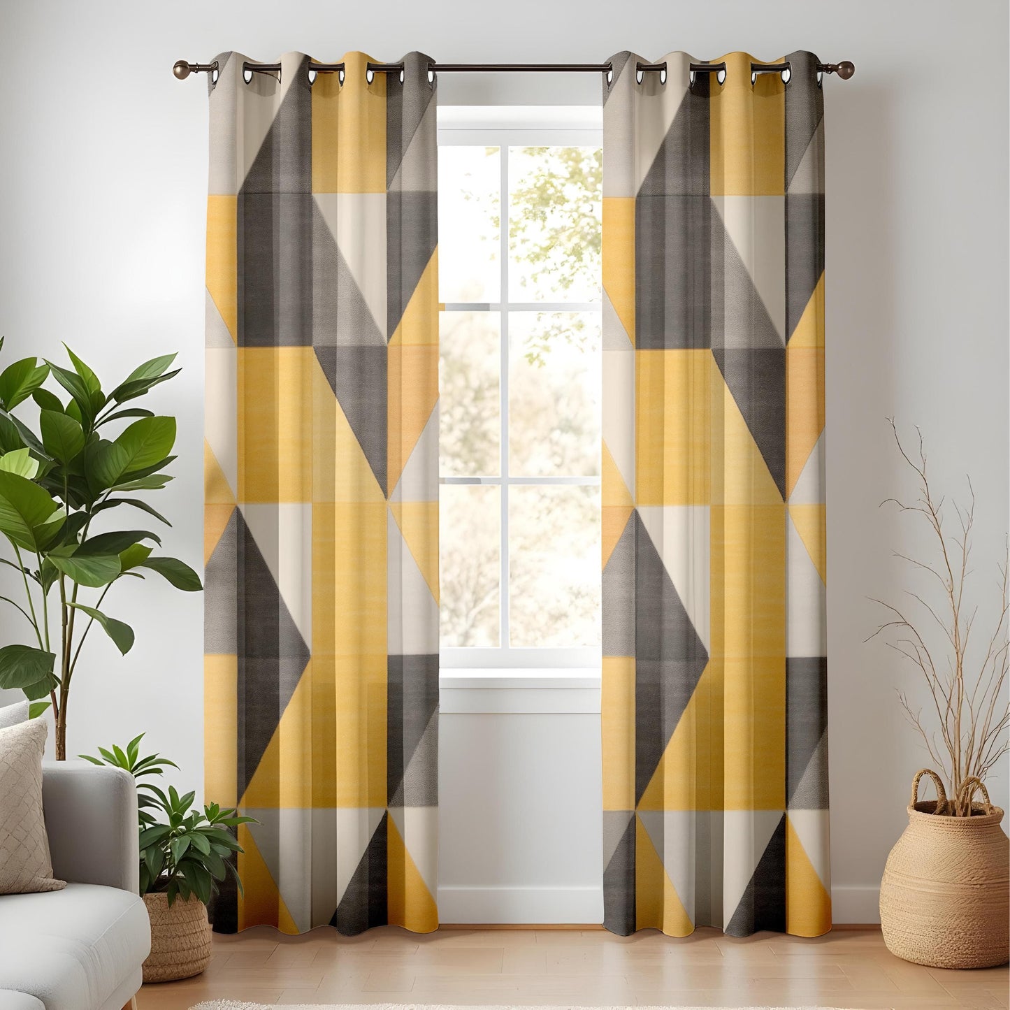 Onay Geometric Yellow and Gray Curtains – Modern Bold Pattern Drapes for Chic Interiors