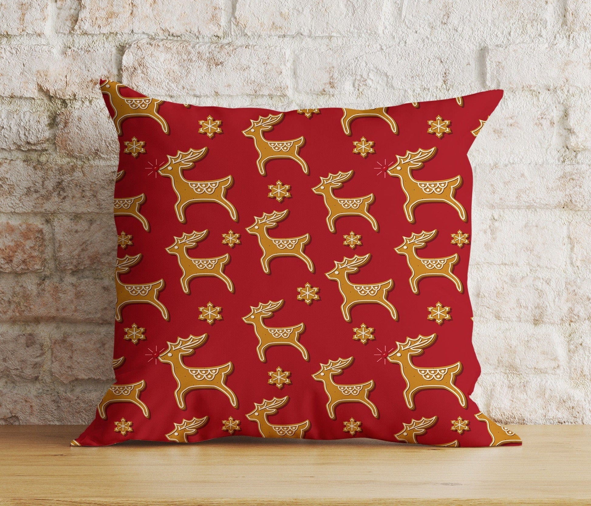 Onay 2 / 12 x 12 inch (30 x 30 cm) Double Side Gold Red and White Xmas Reindeer Snowflakes Cushion Cover