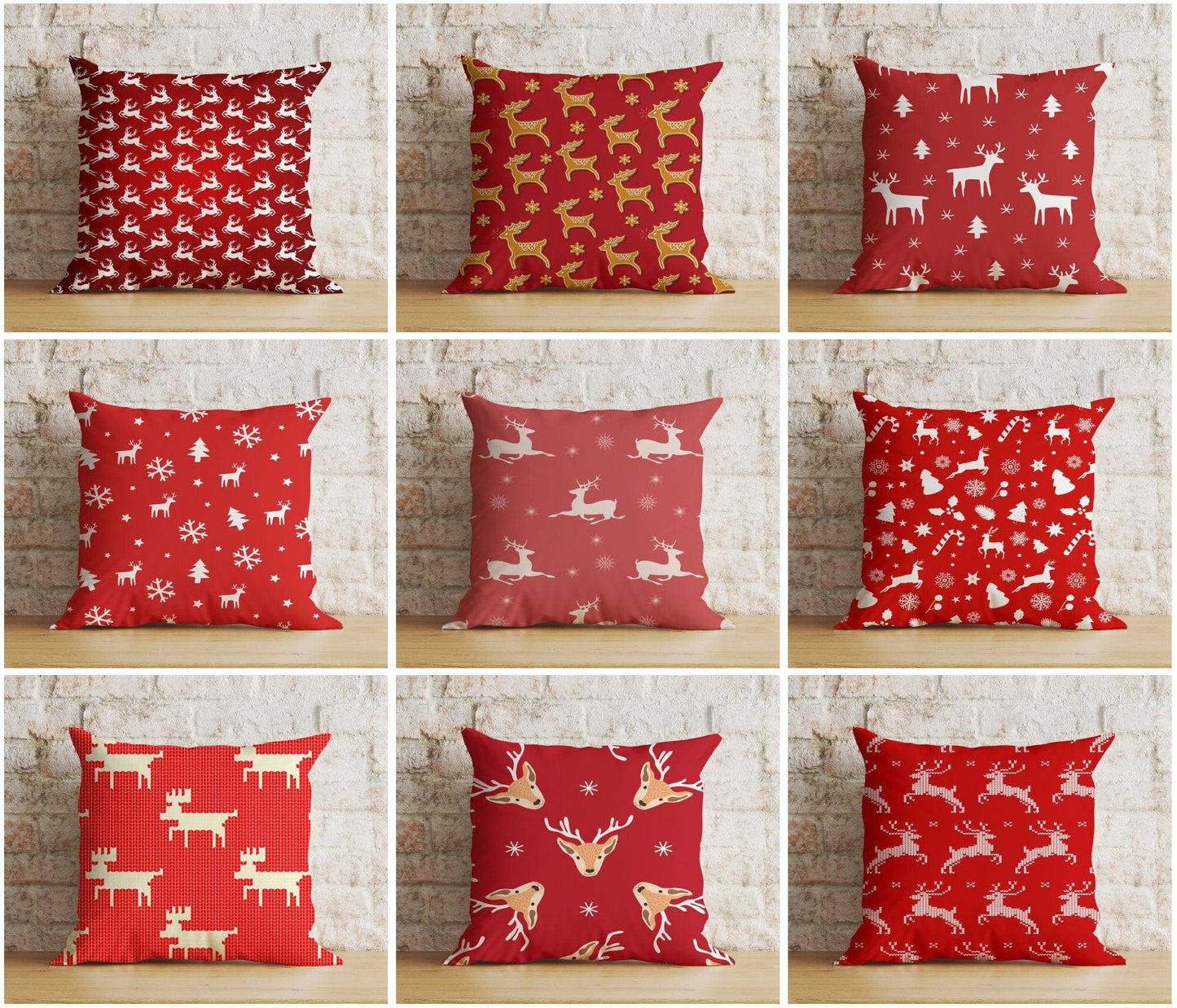 Onay Gold Red and White Xmas Reindeer Snowflakes Cushion Cover
