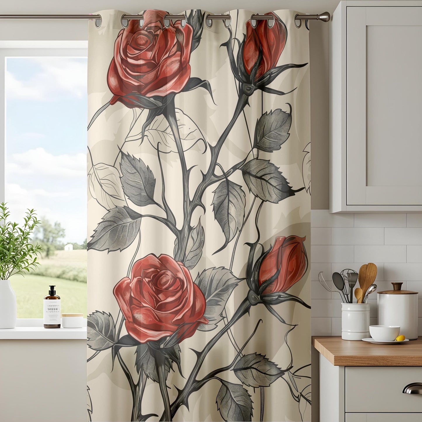 Onay Gothic Red Rose Curtains – Dark Romantic Tattoo-Inspired Drapes