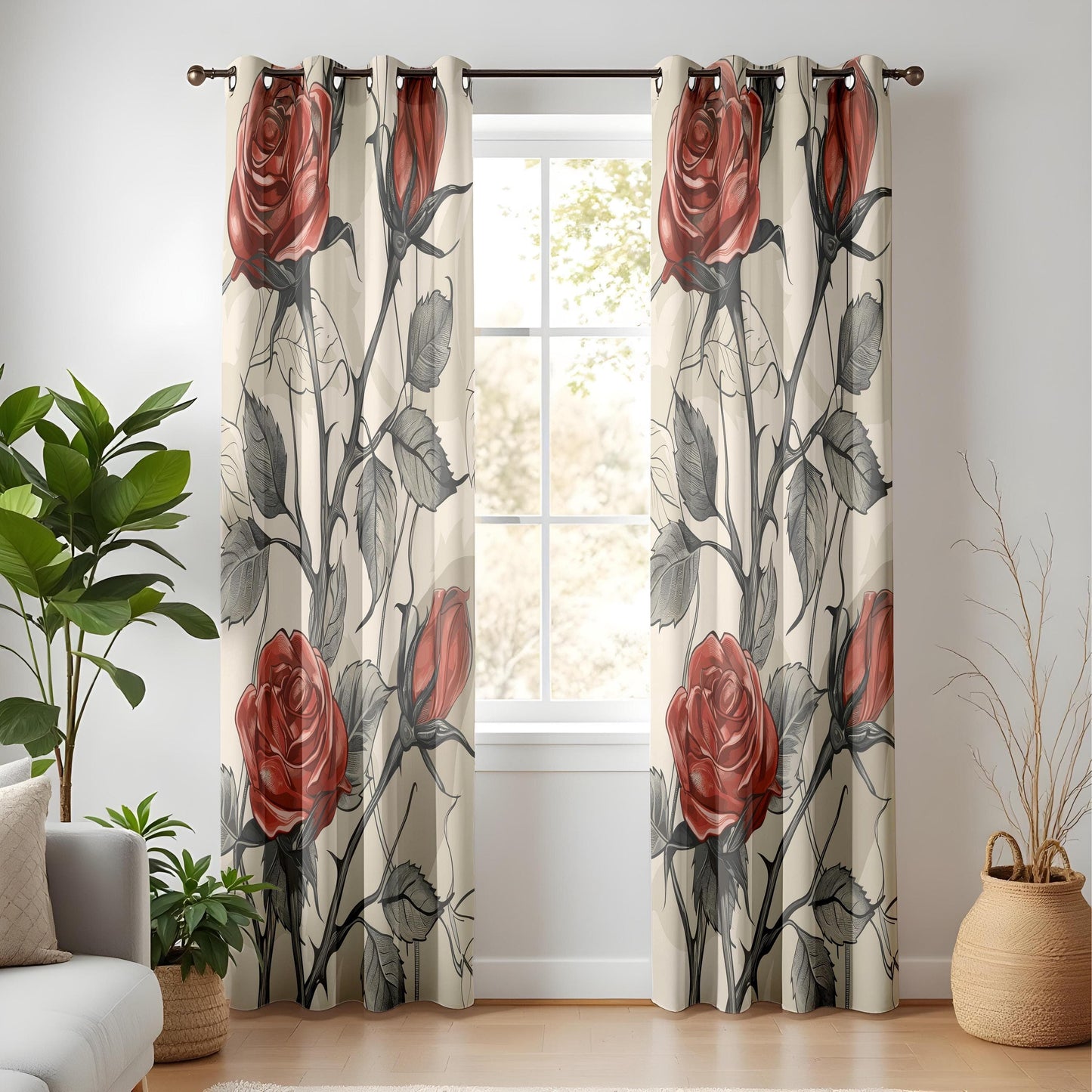 Onay Gothic Red Rose Curtains – Dark Romantic Tattoo-Inspired Drapes