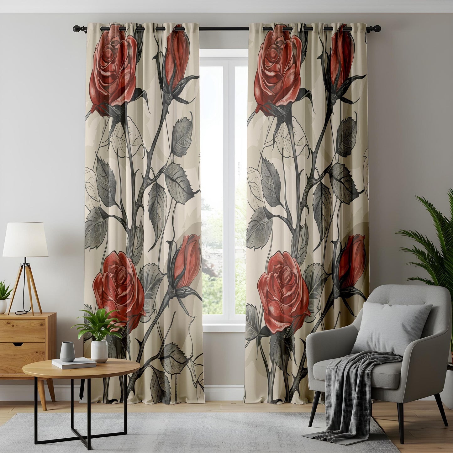 Onay Gothic Red Rose Curtains – Dark Romantic Tattoo-Inspired Drapes