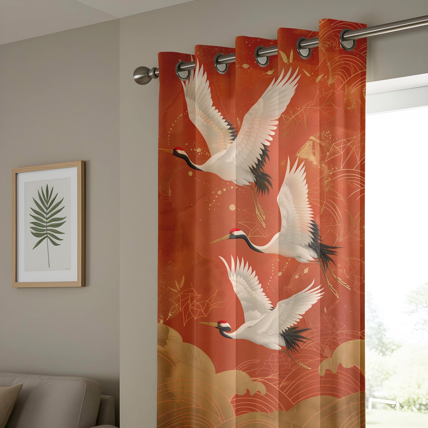 Onay Graceful Flying Cranes Curtains – Luxurious Red and Gold Crane Pattern Drapes