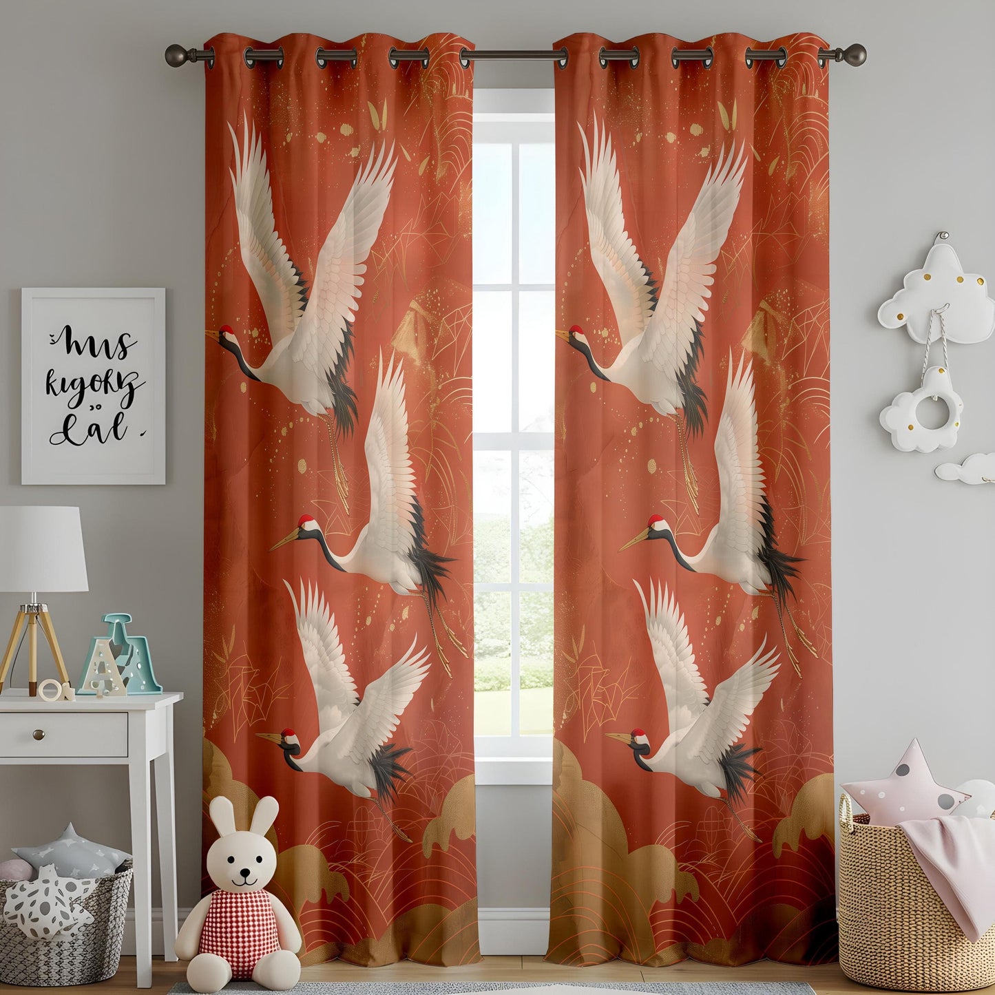 Onay Graceful Flying Cranes Curtains – Luxurious Red and Gold Crane Pattern Drapes