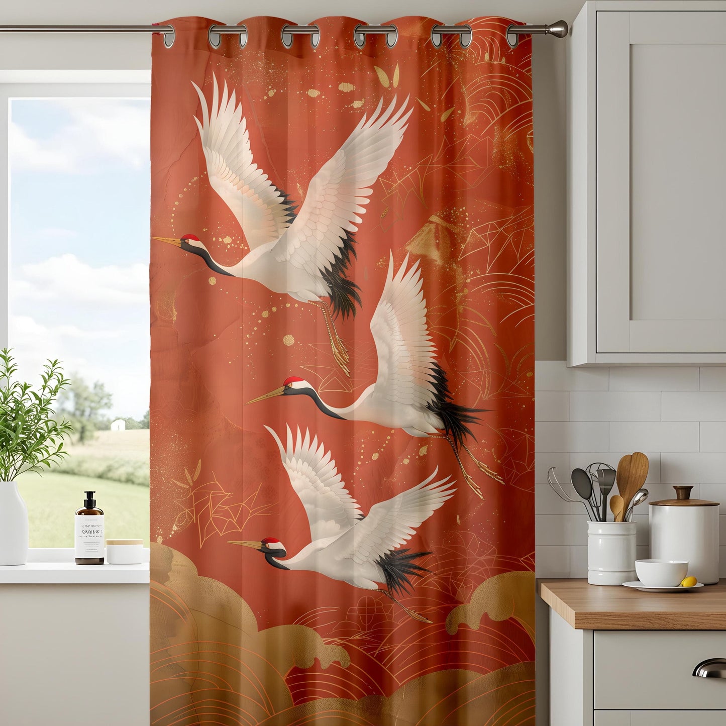 Onay Graceful Flying Cranes Curtains – Luxurious Red and Gold Crane Pattern Drapes