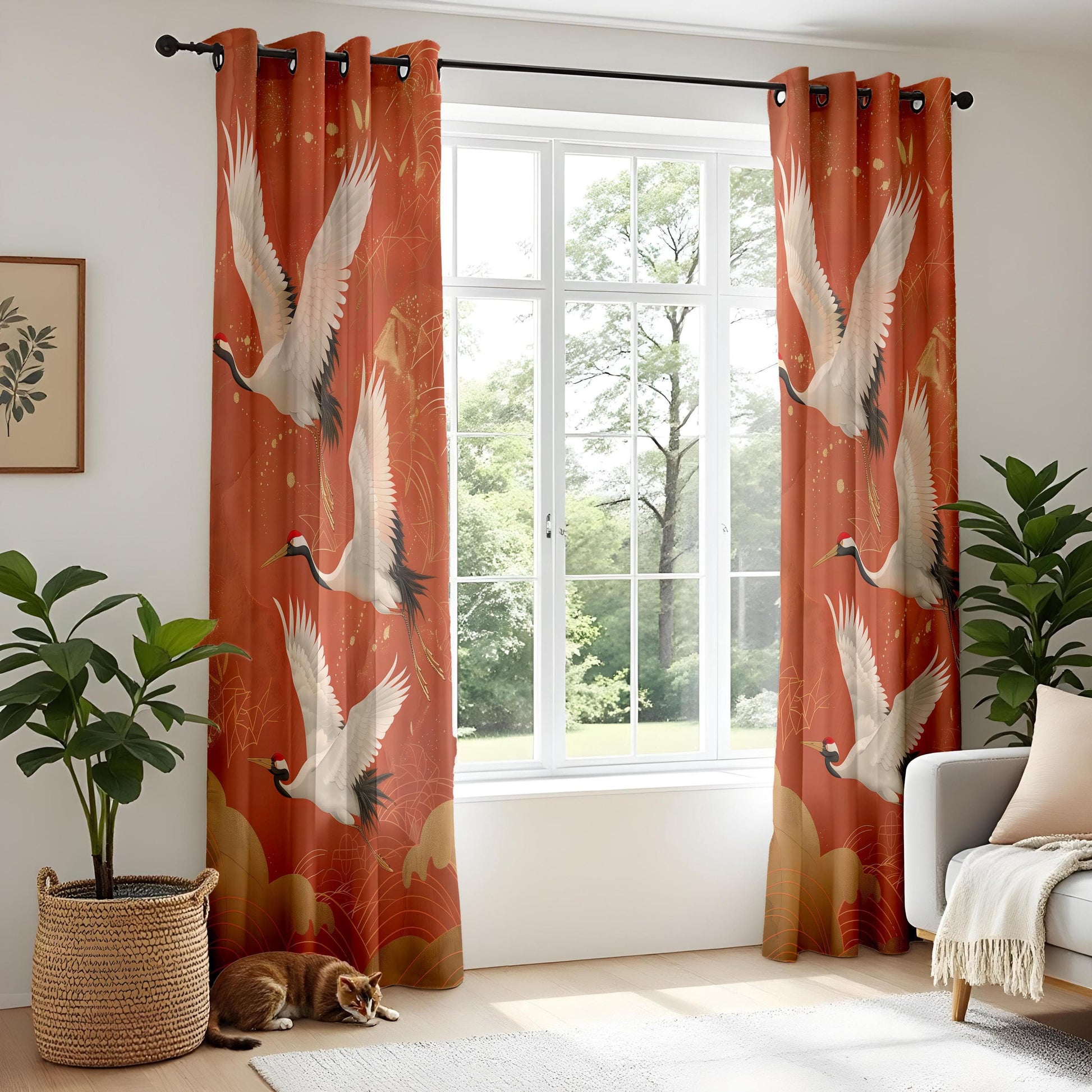 Onay Graceful Flying Cranes Curtains – Luxurious Red and Gold Crane Pattern Drapes