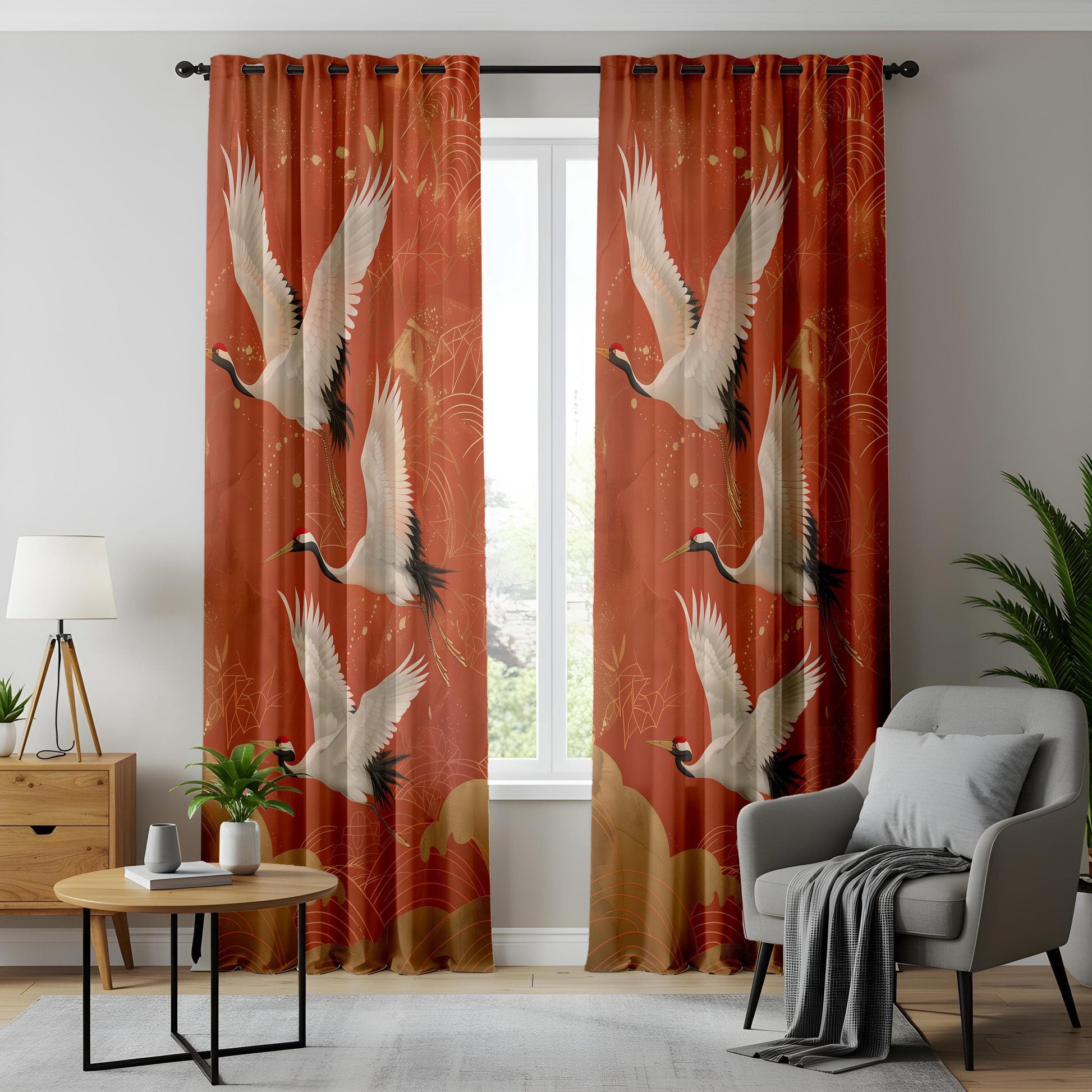 Onay Graceful Flying Cranes Curtains – Luxurious Red and Gold Crane Pattern Drapes