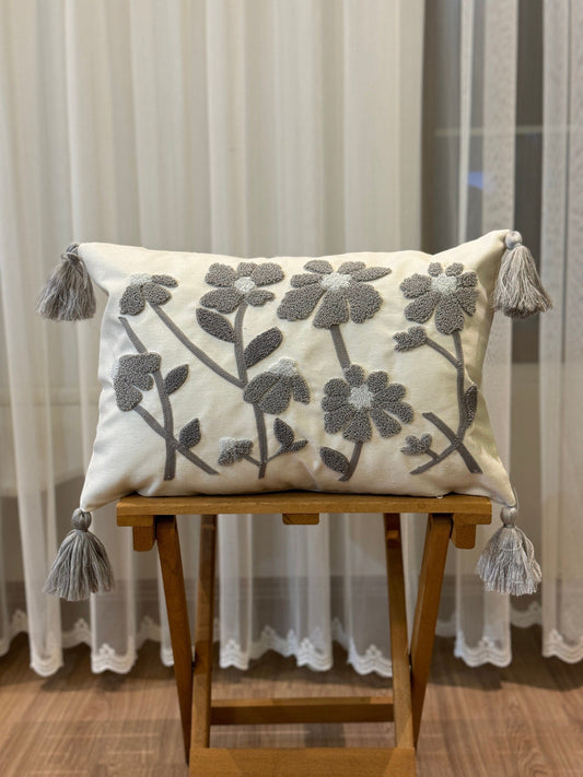 Onay Home Textile Punch Needle Cushion Cover 30x50cm/12x20inch Gray Floral Punch Needle Cushion Cover Tufted Embroidery