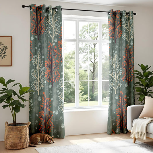Onay Green Botanical Curtains – Autumn Tree Print Drapes for Nature-Themed Bedrooms